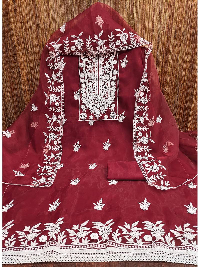 Serene red organza embroidered suit set with white floral thread work