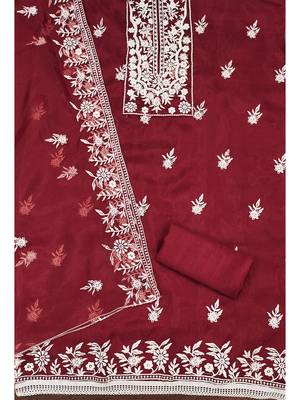 Serene red organza embroidered suit set with white floral thread work 3