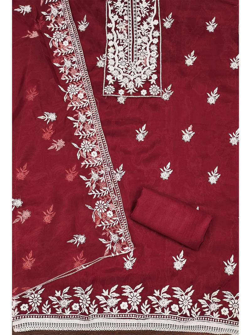 Serene red organza embroidered suit set with white floral thread work