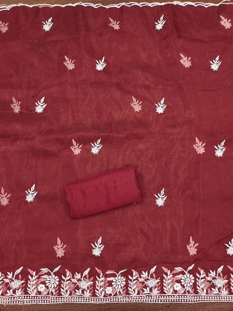 Serene red organza embroidered suit set with white floral thread work