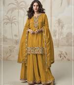 Yellow embroidered silk stitched palazzo suit(free size)