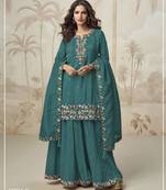 Teal embroderied silk stitched palazzo (free size)