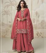 Peach embroidered silk stitched palazzo suit(free size)