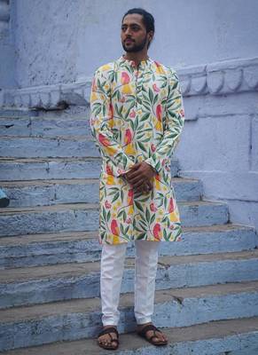 Multicolor cotton full sleeve floral royale kurta for mens 1