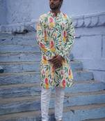 Multicolor cotton full sleeve floral royale kurta for mens