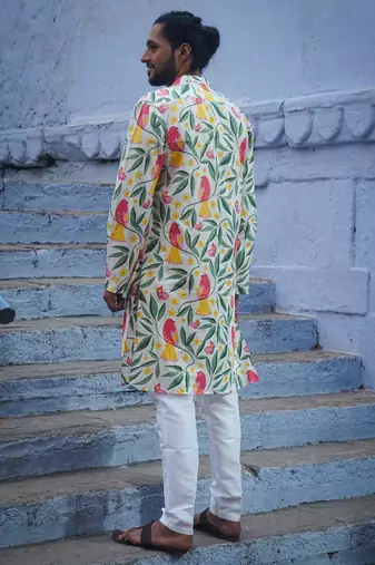 Multicolor cotton full sleeve floral royale kurta for mens