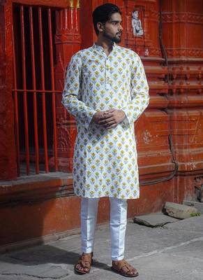 White cotton full sleeve kashi block kurta for mens 1