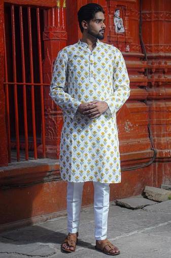 White cotton full sleeve kashi block kurta for mens