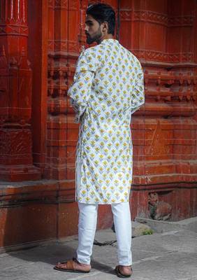 White cotton full sleeve kashi block kurta for mens 2
