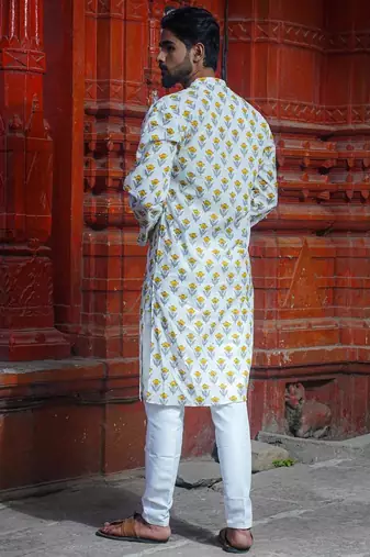 White cotton full sleeve kashi block kurta for mens
