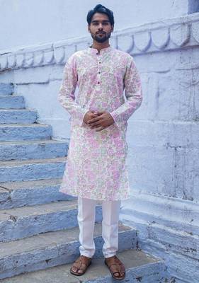 White cotton full sleeve petal grace kurta for mens 1