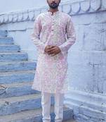 White cotton full sleeve petal grace kurta for mens