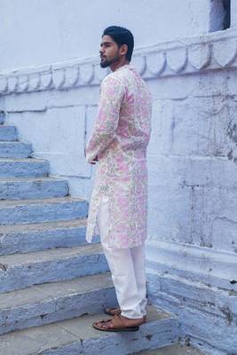 White cotton full sleeve petal grace kurta for mens 2