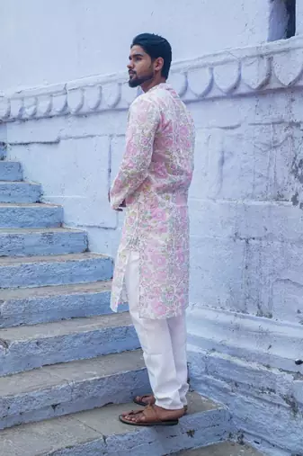 White cotton full sleeve petal grace kurta for mens