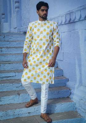 White cotton full sleeve white bud kurta for mens 1