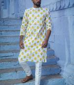 White cotton full sleeve white bud kurta for mens
