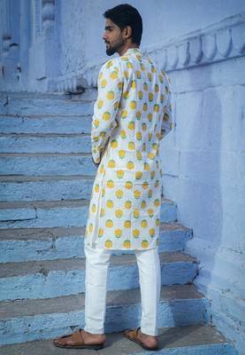 White cotton full sleeve white bud kurta for mens 2
