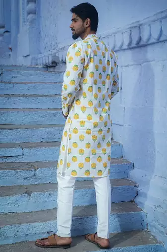 White cotton full sleeve white bud kurta for mens