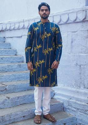 Navy blue cotton full sleeve palm paradise kurta for mens 1