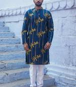 Navy blue cotton full sleeve palm paradise kurta for mens