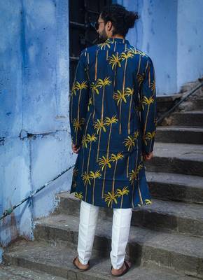 Navy blue cotton full sleeve palm paradise kurta for mens 2
