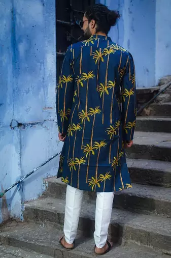 Navy blue cotton full sleeve palm paradise kurta for mens