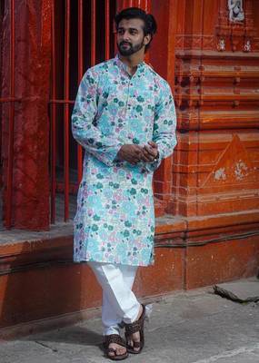 Sky blue cotton full sleeve blushing sky handblock kurta for mens 1