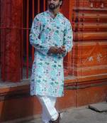 Sky blue cotton full sleeve blushing sky handblock kurta for mens