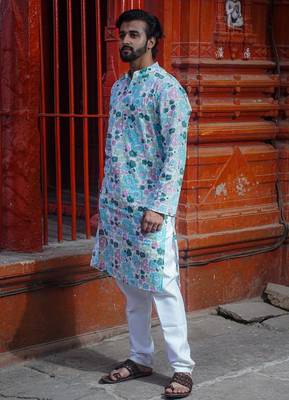Sky blue cotton full sleeve blushing sky handblock kurta for mens 2