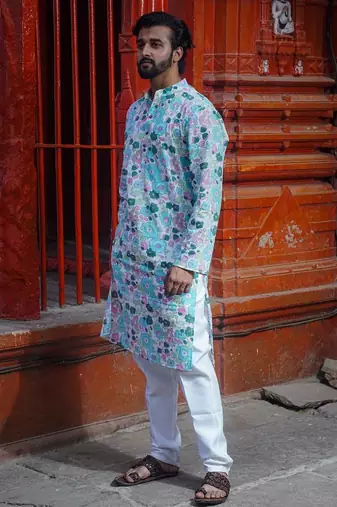 Sky blue cotton full sleeve blushing sky handblock kurta for mens