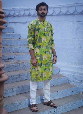 Green cotton full sleeve peacock green kurta for mens 1