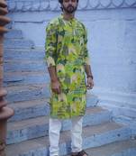 Green cotton full sleeve peacock green kurta for mens