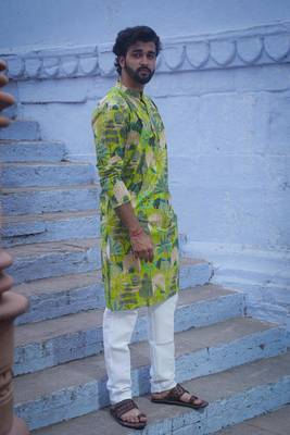 Green cotton full sleeve peacock green kurta for mens 2