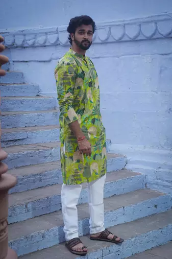 Green cotton full sleeve peacock green kurta for mens
