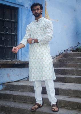 White cotton full sleeve snow petal kurta for mens 1