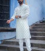 White cotton full sleeve snow petal kurta for mens