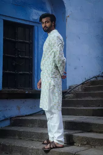 White cotton full sleeve snow petal kurta for mens