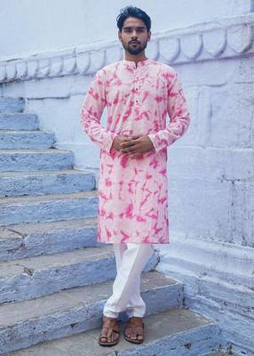 Pink cotton full sleeve blush fusion kurta for mens 1