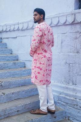 Pink cotton full sleeve blush fusion kurta for mens 2