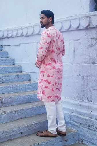 Pink cotton full sleeve blush fusion kurta for mens