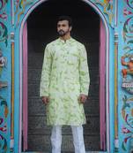 Green cotton full sleeve mint serenade kurta for mens
