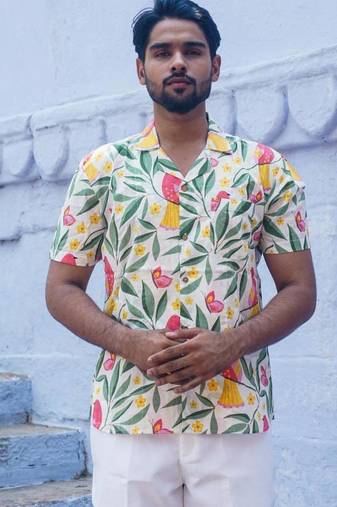 Multicolour cotton Half sleeve creamy floral Shirt for mens