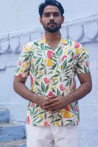 Multicolour cotton Half sleeve creamy floral Shirt for mens