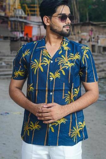 Navy blue cotton Half sleeve bamboo oasis Shirt for mens