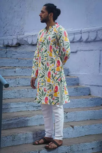 Multicolor cotton full sleeve floral royale kurta for mens