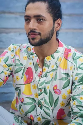 Multicolor cotton full sleeve floral royale kurta for mens