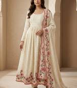 OFF WHITE VICHITRA  SILK EMMBROIDERY  PARTY WEAR SUIT SET 