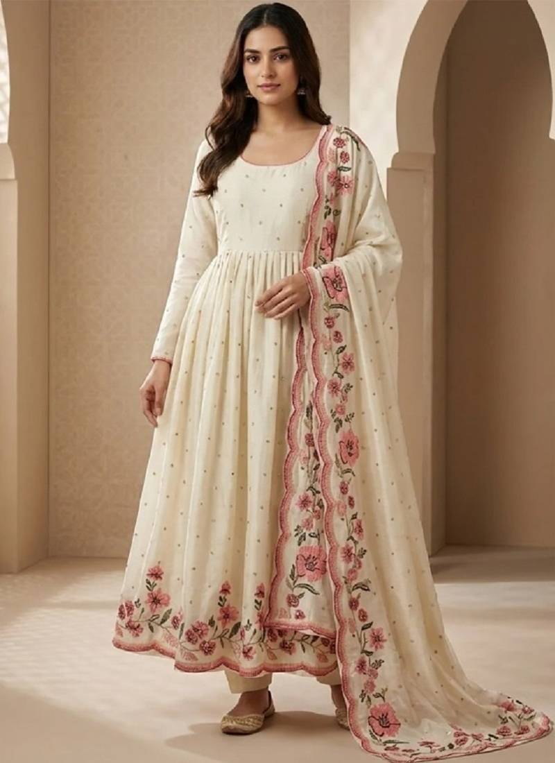 OFF WHITE VICHITRA  SILK EMMBROIDERY  PARTY WEAR SUIT SET 