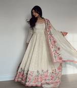 OFF WHITE VICHITRA  SILK EMMBROIDERY  PARTY WEAR SUIT SET 