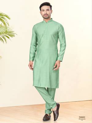 Light green silk plain kurta pyjama for mens wear 1